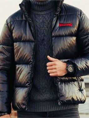 Spalding Black Shiny Puffer Jacket with Red Logo XL